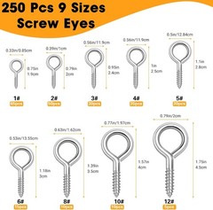 250Pcs Eye Screw Assortment Kit 9 Sizes Heavy Duty Steel Screw-in Hooks Ring Set