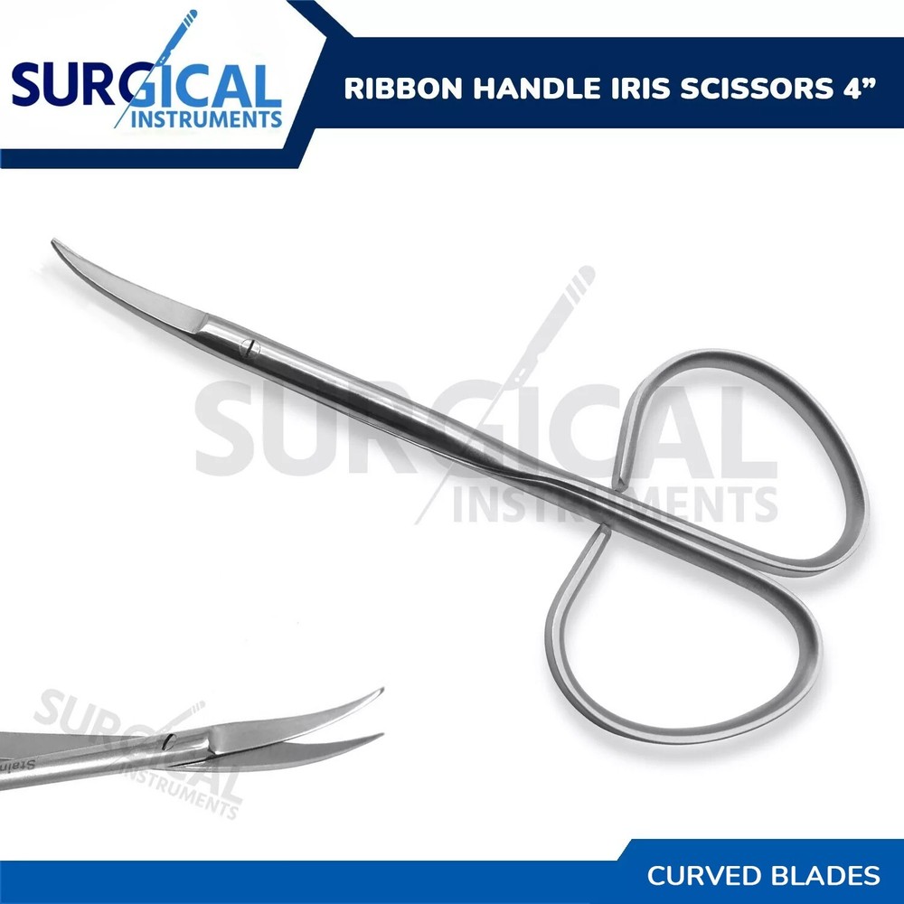 Ribbon Handle Iris Scissors Surgical Instruments Curved 4″ German Grade