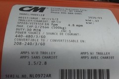 CM Lodestar 3154NH 1/2 HP 230/460VAC 16 FPM 20 Ft L 0.5 Ton Electric Chain Hoist