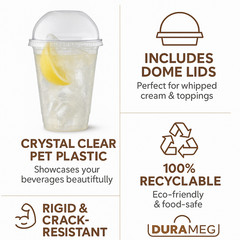 DURAMEG 12oz Clear PET Cups with Dome Lids 100 Pack | Disposable Smoothie Cups
