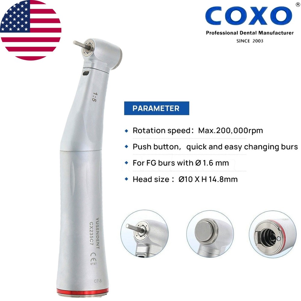 US COXO Dental Fiber Optic 1:5 Contra Angle Handpiece CX235C7 C7-5 Standard Head