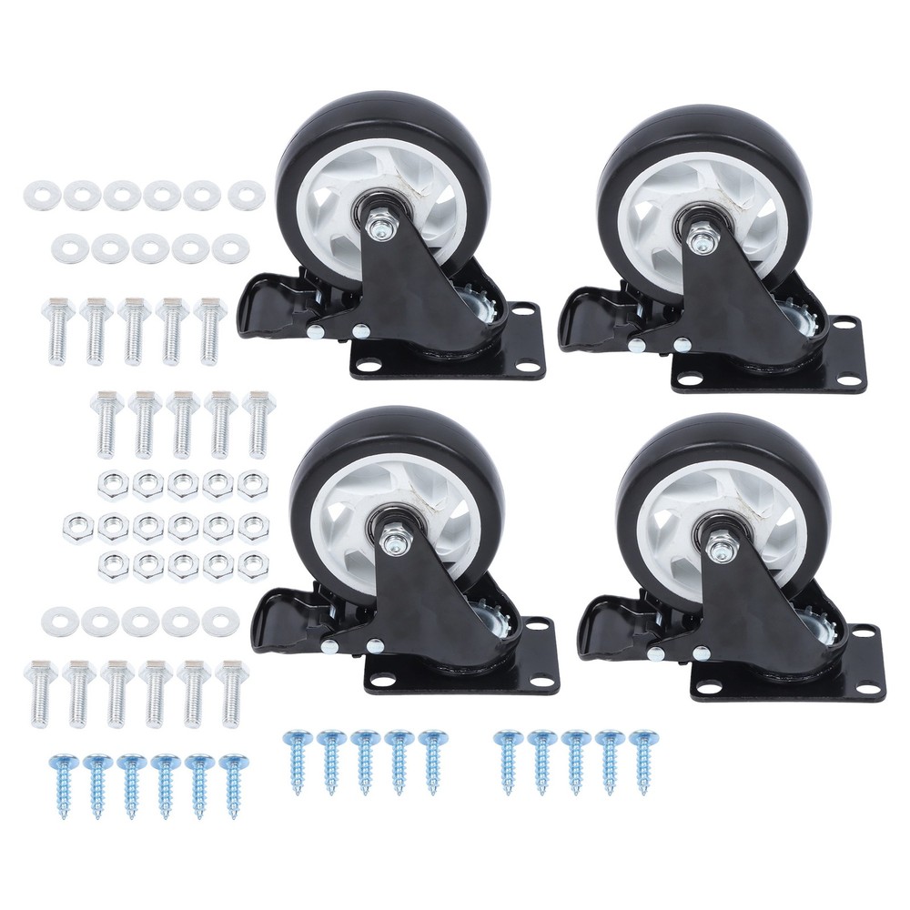 4 Pcs 4 In Swivel Caster Wheels 2200Lbs Heavy Duty With Brake And White Hubs