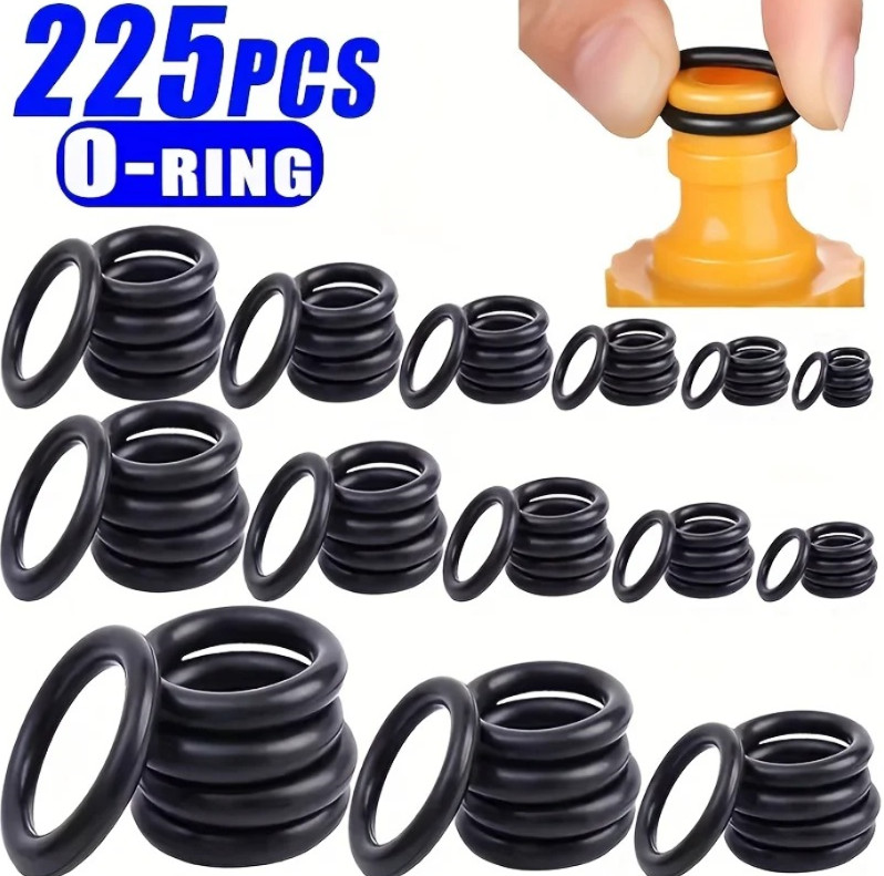 225pcs Black Rubber O-Ring Seal Kit Assorted Sizes Oil Water Resistant – NEW