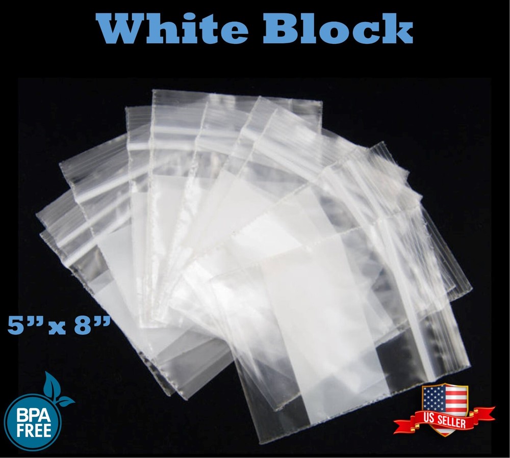 5″ x 8″ White Block Zip Seal Bags Reclosable Top Lock 2Mil or 4Mil Heavy Duty