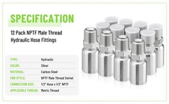 12 Pack 1/2″ NPTF Hydraulic Hose End Fittings, 1/2″ I.D. Hose x 1/2″ NPTF Male