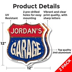 Jordan’s Garage Shield Shaped Sign Weather Resistant Crafted in the USA