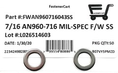 (50) 7/16 AN960-716 Mil-Spec Washers Stainless Steel AN960716 (50 Pieces)