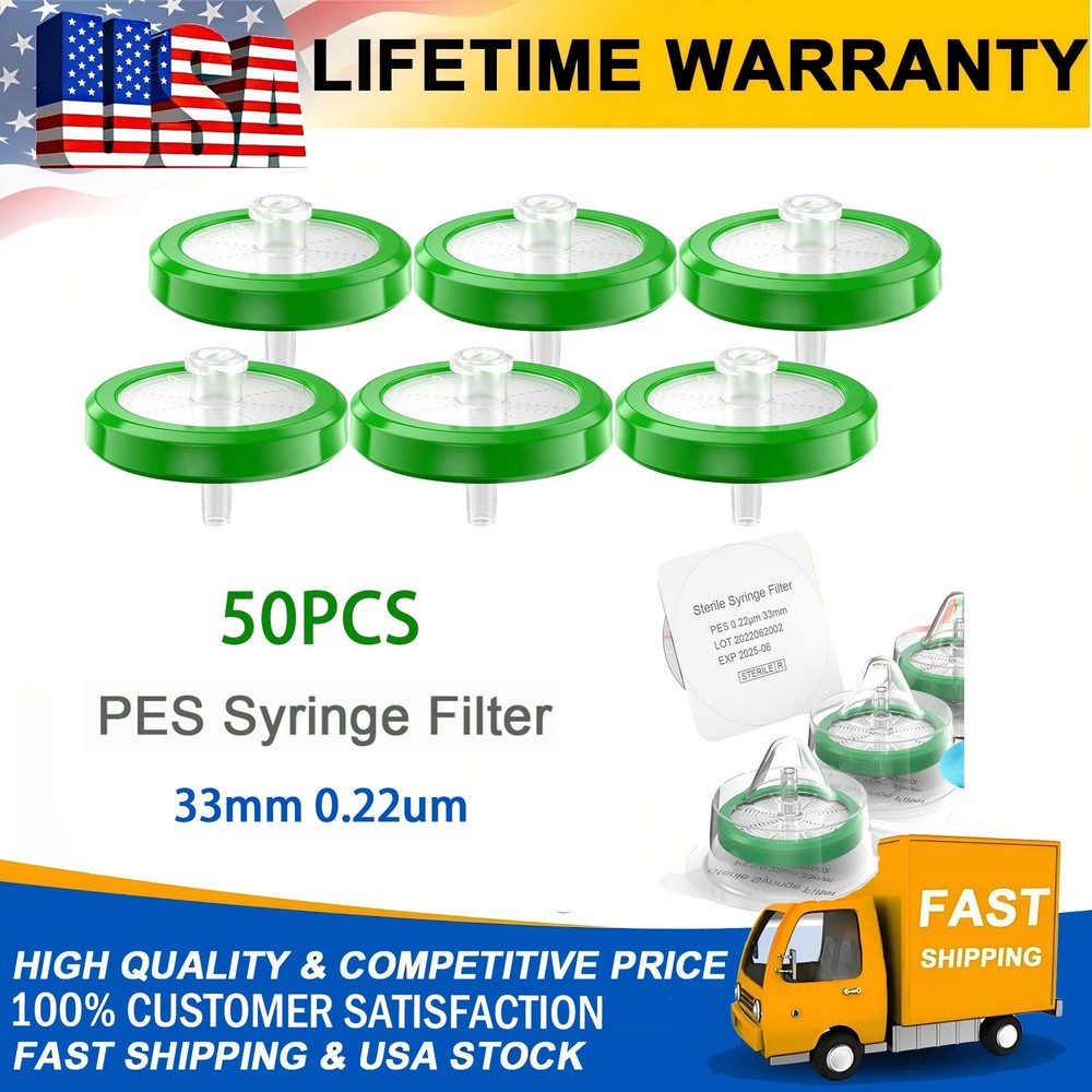 50PCS Syringe Filter Sterile PES Membrane 33mm 0.22µm Lab Individually Packed