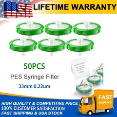 50PCS Syringe Filter Sterile PES Membrane 33mm 0.22µm Lab Individually Packed