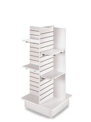 4 Panel White Slatwall Tower Casters and Shelves 23″ x 23″ x 54″