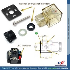 DIN 43650 AC Type-A 3 Prong Solenoid Connector Plug w/LED Light for AC 110 220v
