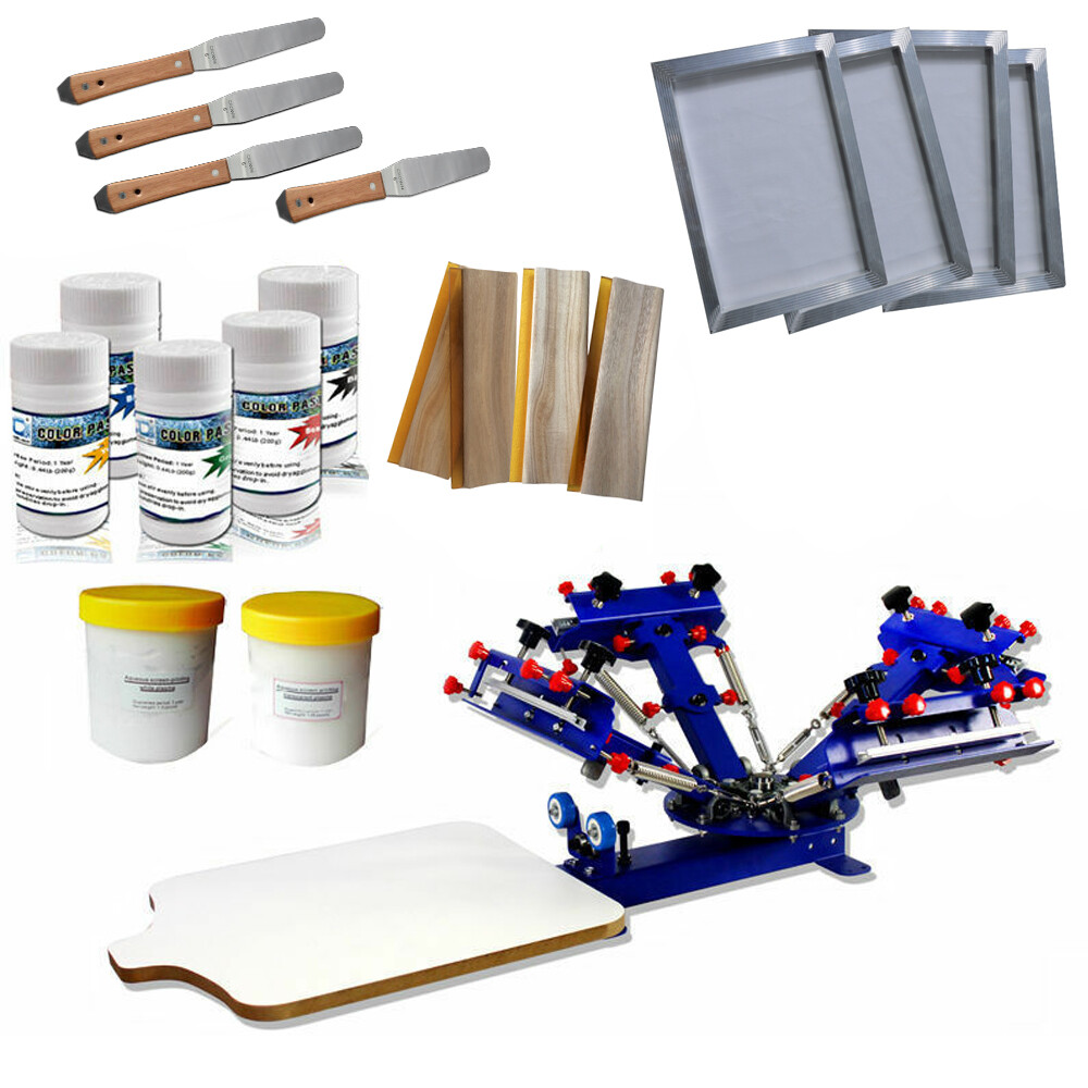 4 Color 1Station Screen Printing Kit Press Printer ink Squeegee Screens DIY Tool