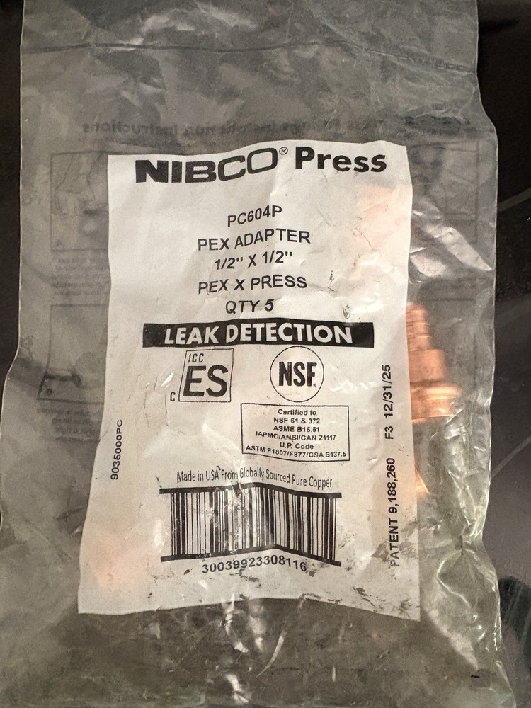 Nibco PC604P 1/2″ X 1/2″ PEX X Press Copper Adapter OEM QTY 5