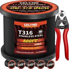 CELYND Black Stainless Steel Cable 200FT 1/8″ T316 Wire Rope