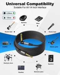 2Pack 10Ft TRS Instrument Cable Right Angle 1/4 Inch Male Jack Stereo Audio Cord