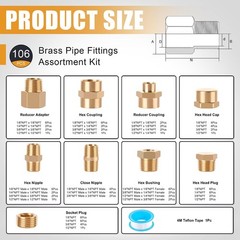 106PCS Brass Pipe Fittings Assortment Kit NPT Extension Adapter,Reducer Bushing,