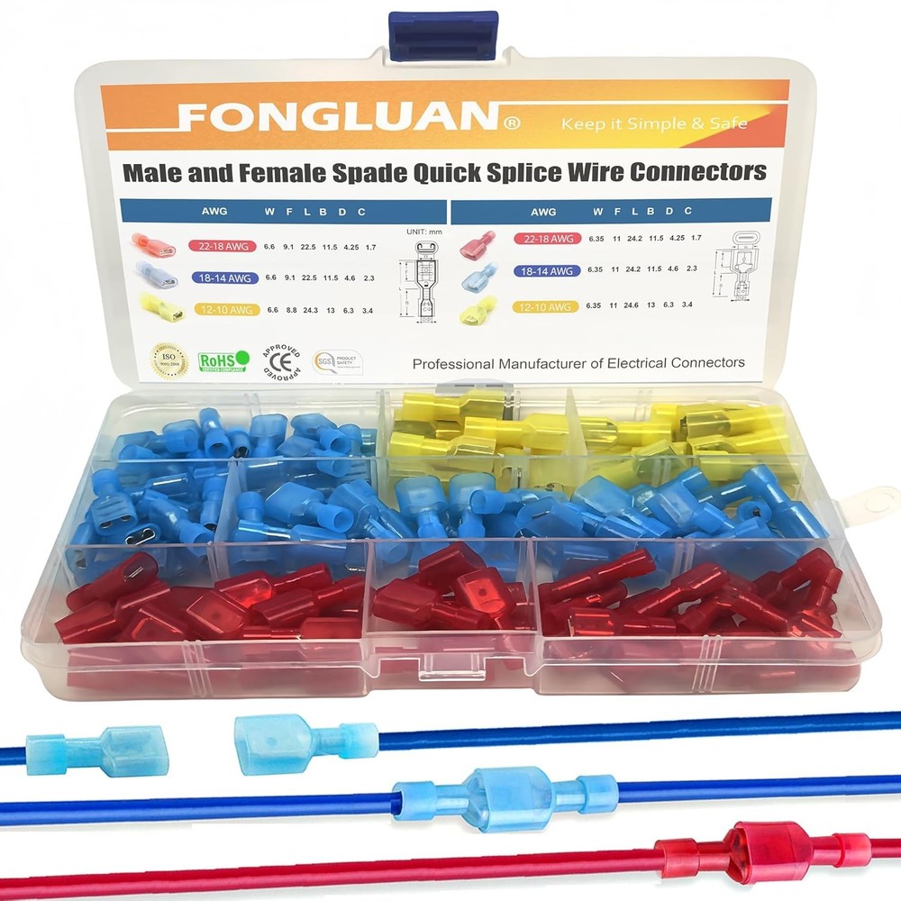 120pcs Male and Female Spade Connectors 24-10 Gauge Nylon Red, Blue, Yellow