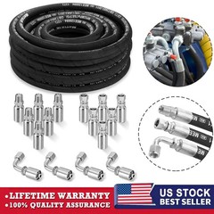 50FT 3/8″ Hydraulic Hose with 16PCS Hydraulic Hose Fittings, 2-Wire Braided Tube