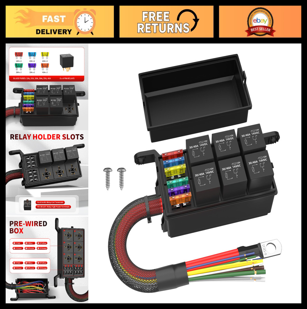 12V Waterproof 6 Way Relay Fuse Box with 6 Relays & 12 ATC Fuses for Car Marine