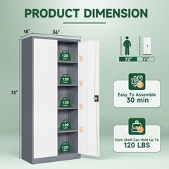 Metal Garage Cabinet Lock Adjustable Shelves Steel Tool Storage Gray White 72in