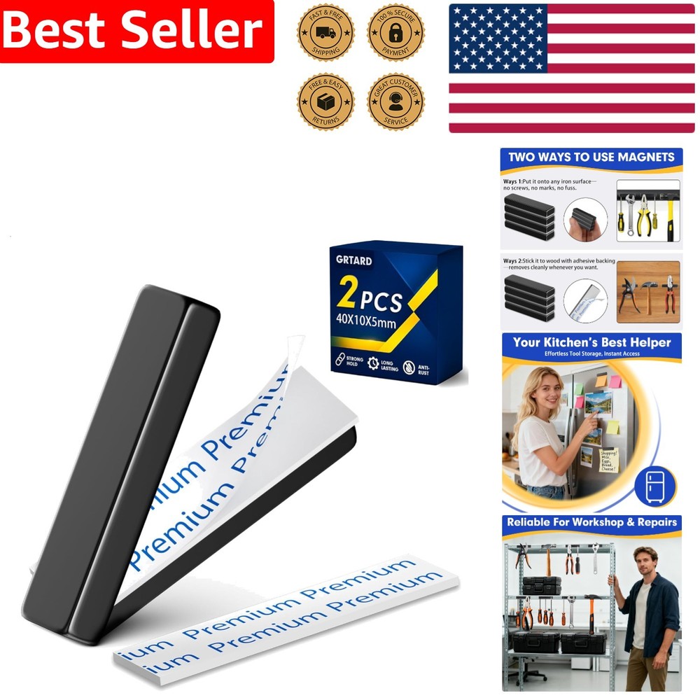Strong Neodymium Bar Magnets 2 Pack, Black Rare Earth, 40x10x5mm with Adhesive