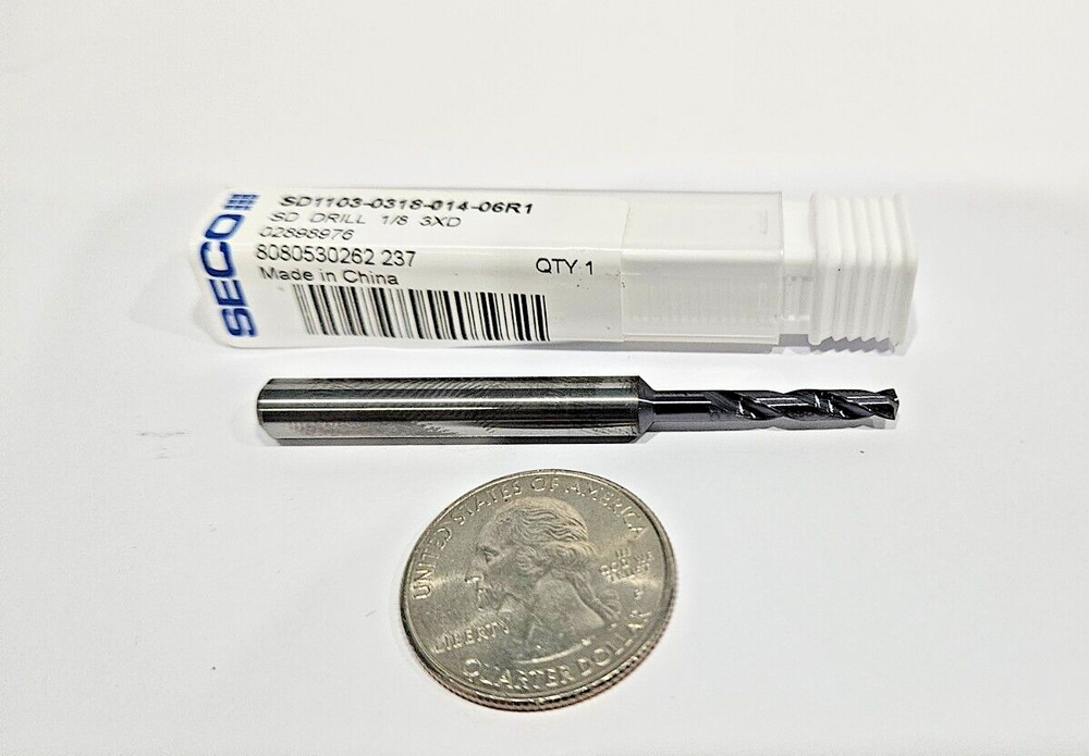 Seco 1/8in – 0.125in 140° Solid Carbide Jobber Drill PVD, Right Hand Cut, Spiral