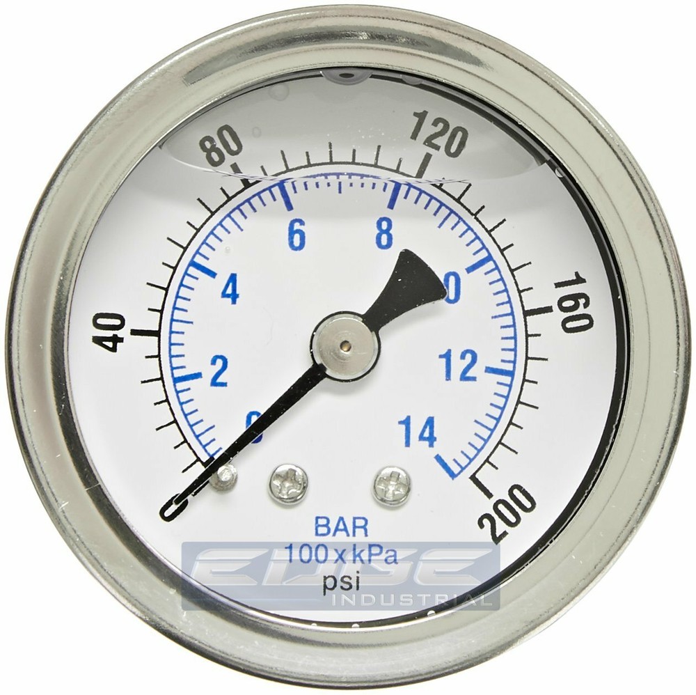 LIQUID FILLED PRESSURE GAUGE 0-200 PSI, 1.5″ FACE, 1/8″ NPT BACK MOUNT