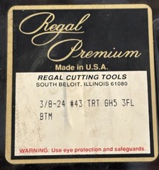 REGAL 3/8-24 Bottom Tap HS HSS 3FL #43 NF H-5 GH5 TRT 914E BTM 3/8” One Tap