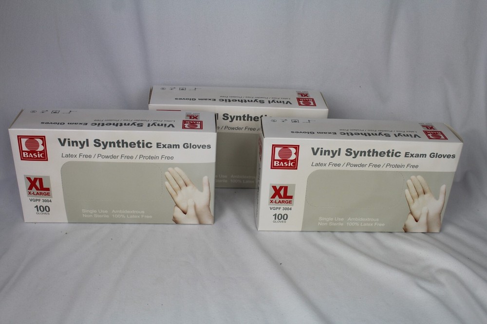 3 Boxes Basic Vinyl Synmax Exam Gloves 100 Ea Box XL VGPF3004
