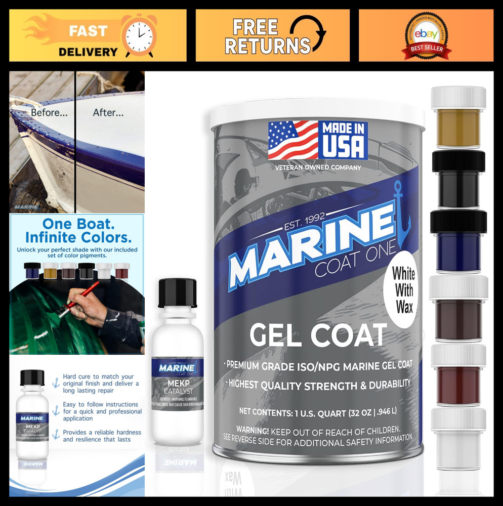 White Gel Coat with Wax & MEKP Catalyst, 6 Color Tints, Fiberglass Repair Kit (1