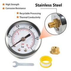 1/8INCH NPT Pressure Gauge 0-15 PSI w/3/8IN Back Mount 1.5IN Face Diameter