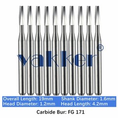 10-100pc Vakker Dental Carbide Burs FG171 19mm Tapered Fissure Burs High Speed