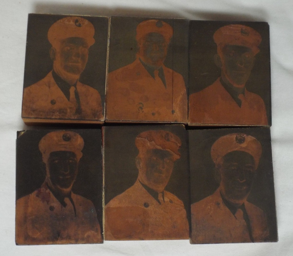 Lot of 6 Antique Copper Photo Negative Printing Plate Blocks Fire Chiefs & Asst