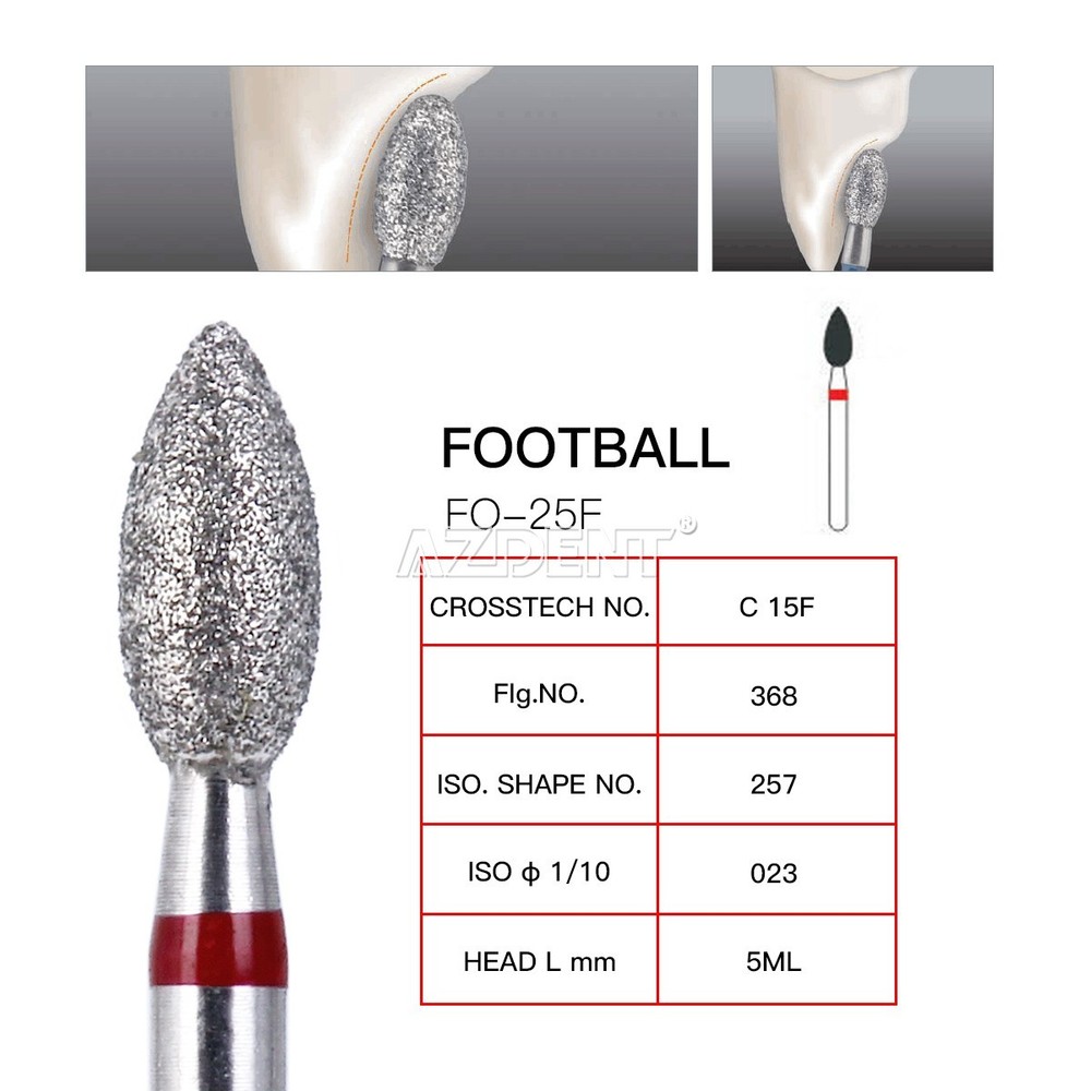 AZDENT Dental Diamond Burs FootballFINE RED #368-023F For Hight Speed Handpiece