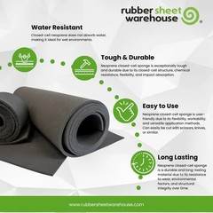 Neoprene Sponge Closed Cell Foam Rubber 3/16″ Thick x 12″ wide x 54″ Long, Black