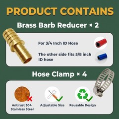 Hose Barb Fittings Reducer 2 PCS, Brass Hose Barb Adapter, 3/4” to 5/8” Barb H