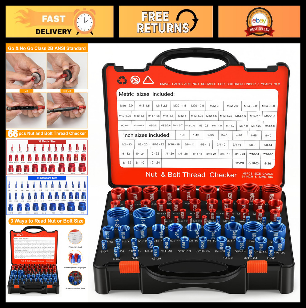 66 Pcs Nut & Bolt Thread Checker – Standard & Metric Size Finder Tool, Gauge for