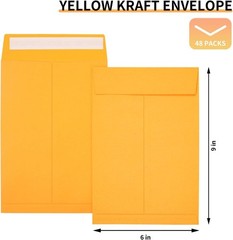 Reliable 6×9 Yellow Envelopes – 48 Count Self-Seal, Tear-Proof Kraft Design