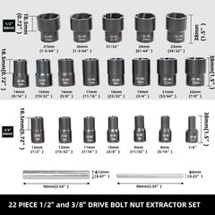 DPTOOL 22 Piece Bolt Nut Extractor Set, 1/2″ and 3/8″ Drive Impact Lug 22PC