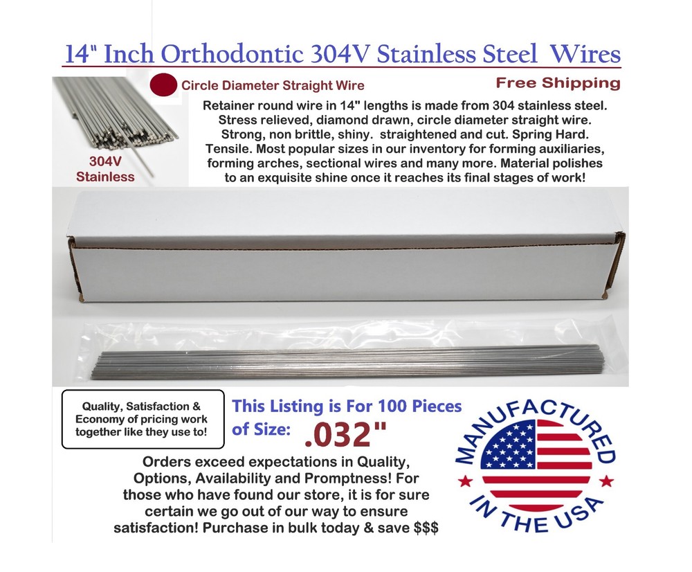 Orthodontic Stainless Steel Straight Lengths .032″ Wire SS 14” Lengths 100 Pack
