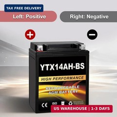 YTX14AH-BS 12V 12Ah AGM Sealed Motorcycle Battery, Maintenance-Free, Compatible