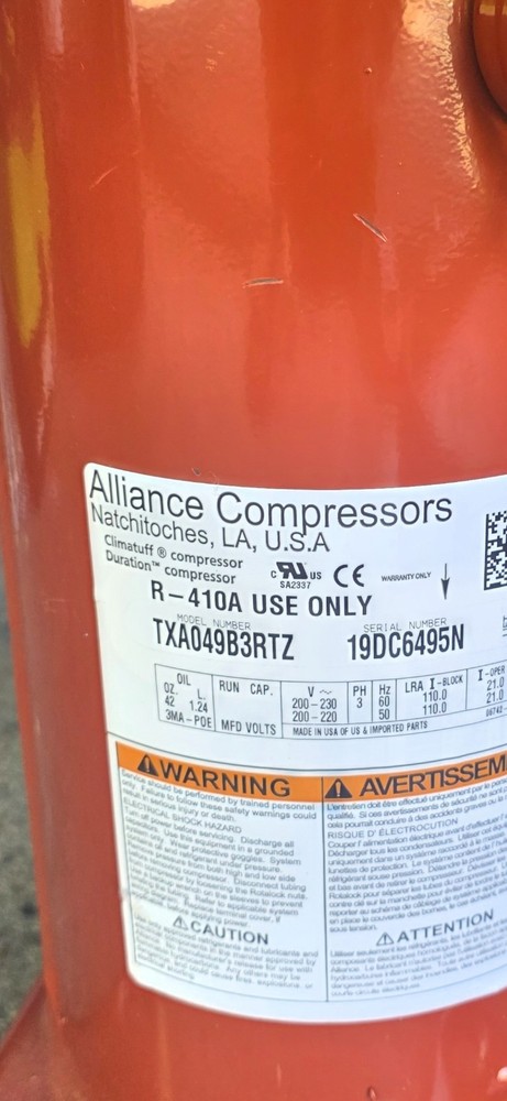 Alliance TXA049B3RTZ Scroll Compressor R-410A 48,000 BTUh 3PH 200-230V