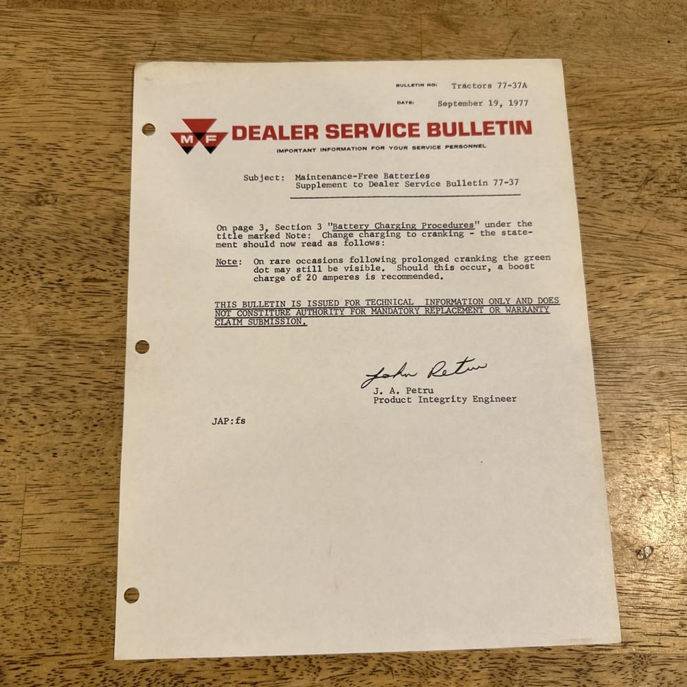 1977 Massey Ferguson Maintenance Free Batteries Supp. Dealer Service Bulletin