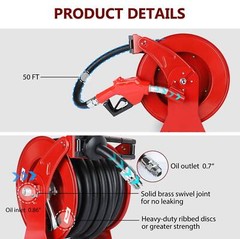Red Diesel Fuel Hose Reel Retractable 1″ x 50′ Spring Driven Auto Swivel Rewind
