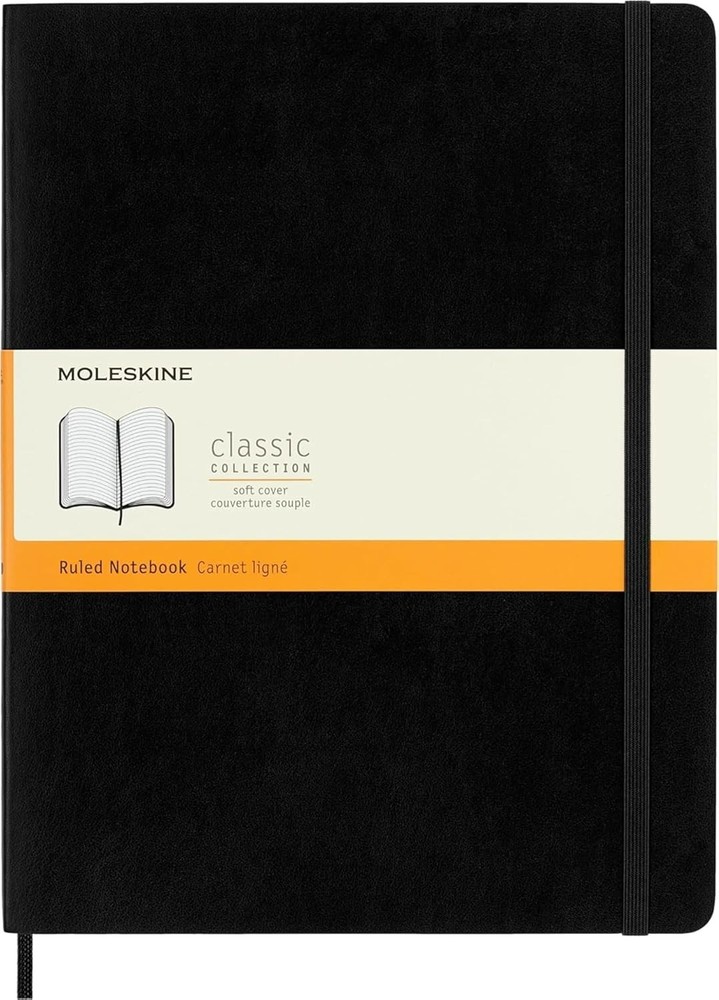 Moleskine Classic Notebook, Soft Cover, XL (7.5″ x 9.5″) Ruled, Black, 192 Pages