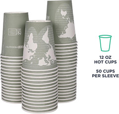 Compostable Disposable World Art 12Oz Large Coffee Cups, Case of 1000, Renewable