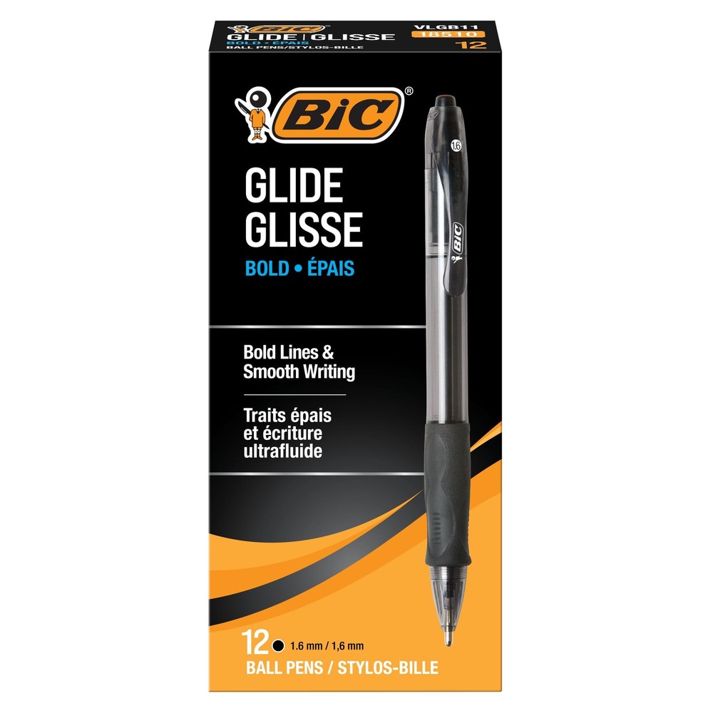 BIC Glide Bold Black Ballpoint Pens, Bold Point (1.6Mm), 12-Count Pack,