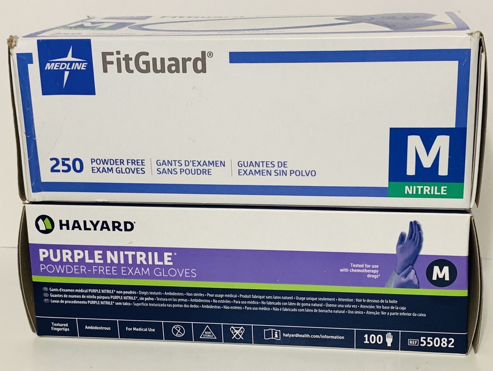 Medline Fitguard & Halyard Nitrile Exam Gloves SIZE M, 2 Boxes 350 Ct Pwder Free