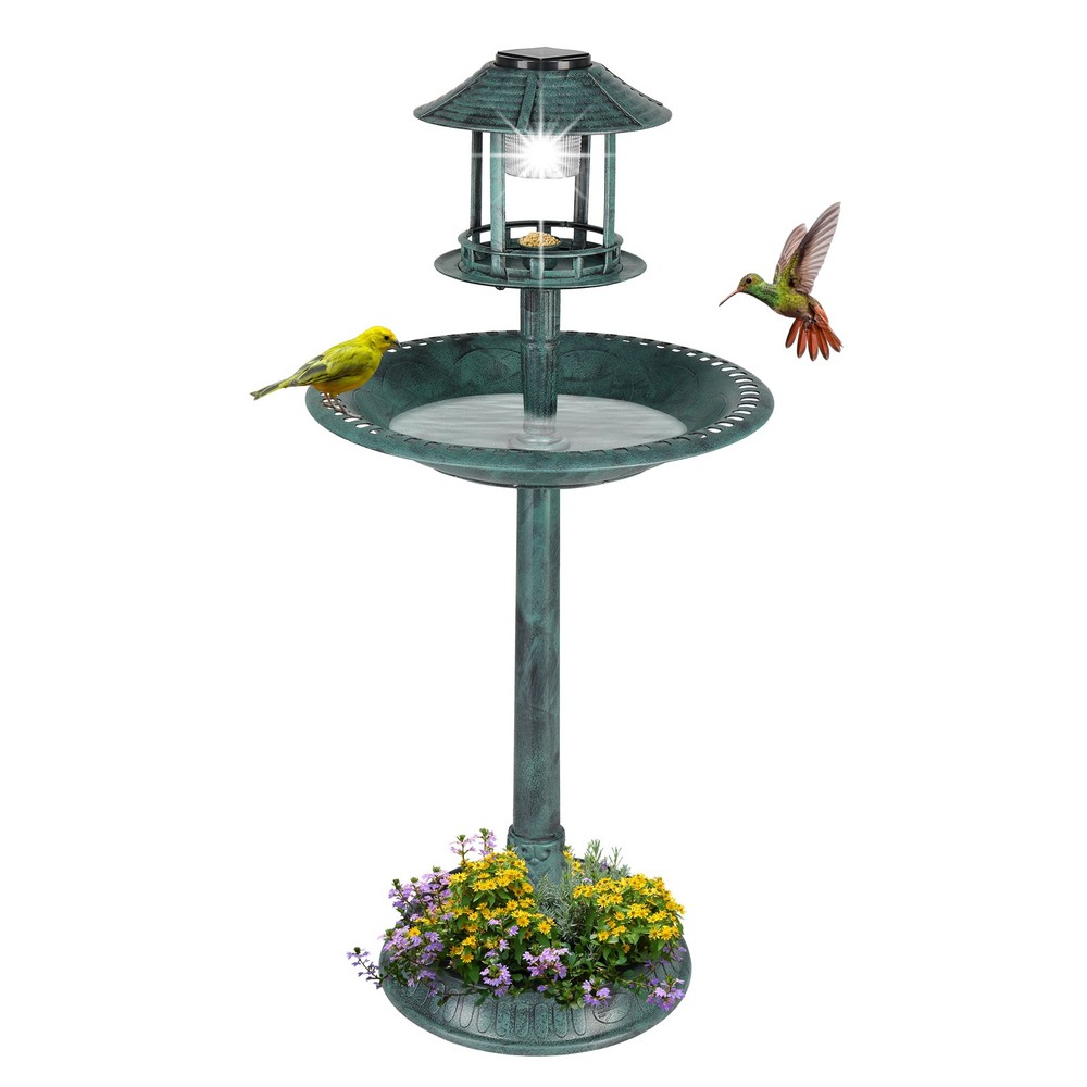 LEADZM Plastic Round Birdbath with Solar Ligh Dark Green