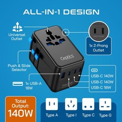 6 in 1 International Power Adapter with PD 140W USB-, 1x USB-A, 3X , Universa…